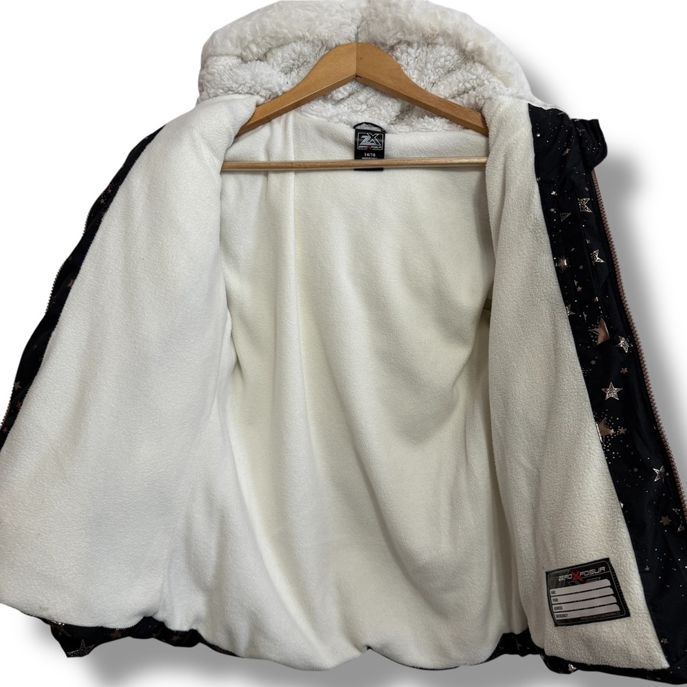 Girls ZeroXposur Heavyweight Winter Puffer Coat Starry Night Sz 14/16 Black Gold - Picture 2 of 12